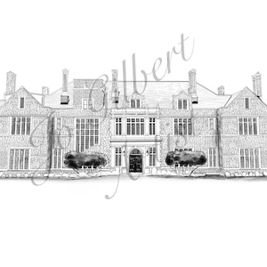 May include: Black and white architectural illustration of a large, multi-story building with numerous windows, chimneys, and a central entrance. The artwork features detailed stonework and landscaping, with the artist's signature in the upper right corner.
