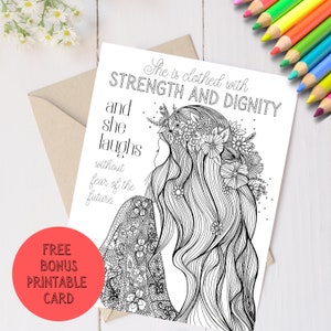 Printable Scripture Coloring Page and Greeting Card Printable, Bible Verse Coloring Page, Gifts for Women, Proverbs 31