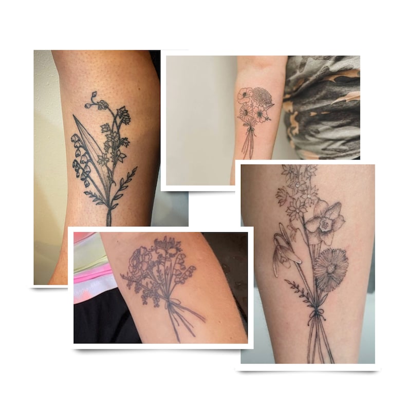 May include: A collection of four black and white floral tattoos on different people's arms. The tattoos feature various flowers, including lilies, daffodils, and other wildflowers.