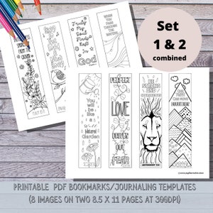 May include: Printable bookmarks with inspirational quotes and images. The bookmarks feature a lion, a garden, a bird, mountains, and flowers. The text includes verses from the Bible, such as "Sing to the Lord a new song" and "Our faith can move mountains".