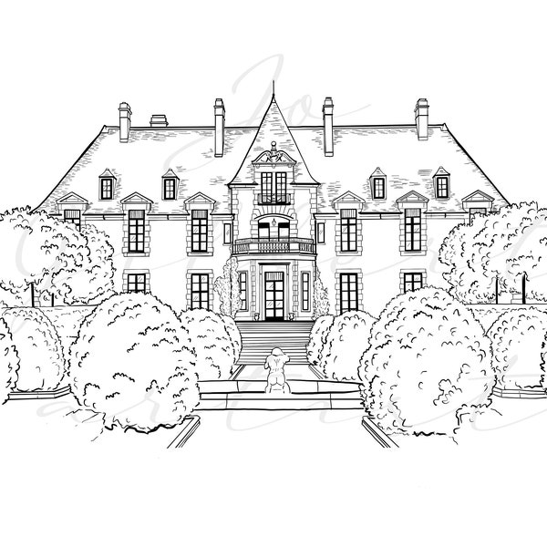 OHEKA Castle New York  Digital Illustration, Wedding Venue sketch, Wedding Invitation, Venue portrait, Wedding Gift, instant download