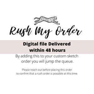 Pode incluir: Uma ilustração em preto e branco de um guepardo correndo com o texto "Rush My Order" acima. O texto abaixo da ilustração diz "Arquivo digital entregue em 48 horas. Ao adicionar isso ao seu pedido de esboço personalizado, você pulará a fila. Entre em contato antes de fazer este pedido para confirmar se um pedido urgente é possível neste momento."