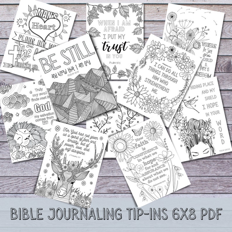 May include: Black and white printable Bible journaling pages with inspirational quotes and illustrations. The pages feature a variety of designs, including flowers, animals, and geometric patterns. The quotes include verses from the Bible, such as "Be still and know that I am God" and "For God has not given us a spirit of fear and timidity, but of power, love and self-discipline."