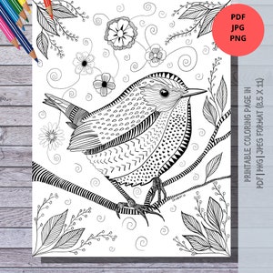 Beautiful Wren, Printable Coloring Page,  Hand Drawn, Instant Download, Print and Color at home | Perfect DIY Gift