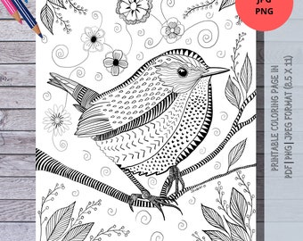 Beautiful Wren, Printable Coloring Page,  Hand Drawn, Instant Download, Print and Color at home | Perfect DIY Gift