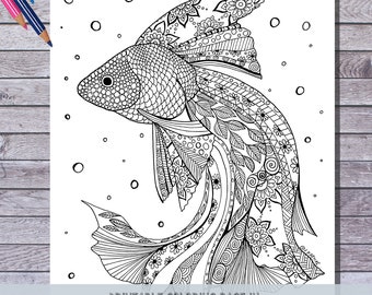 Página para colorear de peces imprimible, descarga instantánea de PDF digital, hojas para colorear ilustradas a mano