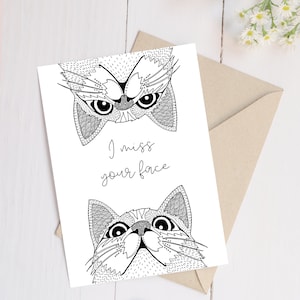 Page de coloriage imprimable et carte de vœux, téléchargement PDF numérique | Carte Chat mignon, cadeaux pour les amoureux des chats, tu me manques