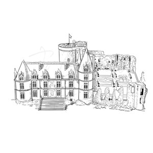 Castillo de la Floccellière, Ilustración digital, Boceto del lugar, Invitación de boda, Guardar la fecha, Descarga instantánea