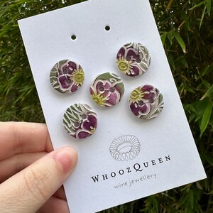 Handmade Set of Five 20mm Polymer Clay Buttons | Plum Purple Gray Green Yellow | Australian made | Free Shipping