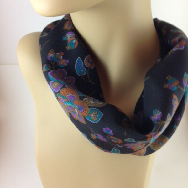 Vintage Italy 1960's black, purple flower scarf, wrap, shawl