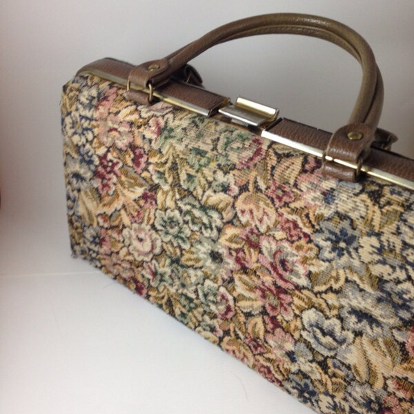 Vintage 1960s tapestry purse brown, pink, blue, floral