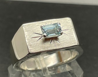Aquamarine .55 ct .925 sterling silver mens handmade ring size 10 USA made great color and clarity, one of a kind, solid back, emerald cut,