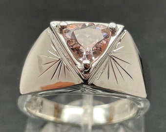 1.485 ct Morganite .925 sterling silver mens handmade ring size 12.25 USA made 16+ grams