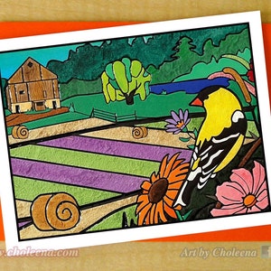 Gold finke Land, Scheune, Weidenbaum, Teich, Heuballen, Wildblumen Grußkarte- Jede Gelegenheit Karte- Garten Kunst Karte- Sommer Ernte