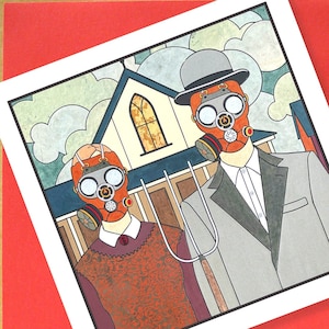 American Gothic Husband, Wife, Pitchfork Farmers in Gas Mask Grußkarte- Kleine Quadrat- Blanko Karte- Bowler Hut Karte- Grant Wood Hommage