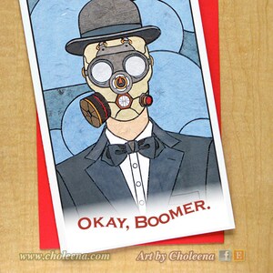 Okay Boomer Man in Gas Mask- Wenskaart- Grote Kaart- Elke Gelegenheid- Man In Bowler Hoed- De Zoon van de Mens- Moderne KunstKaart- Steampunk Pop Art