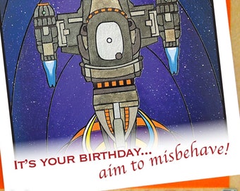Aim to misbehave, it's your birthday!- Malcolm Reynolds quote from Firefly- small greeting card- Serenity Firefly TV show fan gift or card
