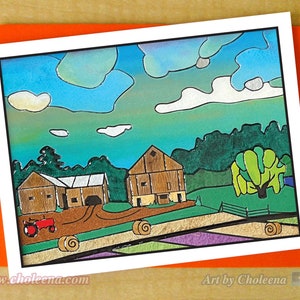 Scheune, Roter Traktor, Heuballen, Weidenbaum und Teich Grußkarte- Kleine Karte- All-occasion Blank Card- Heufeld Karte- Sommer Erntekarte
