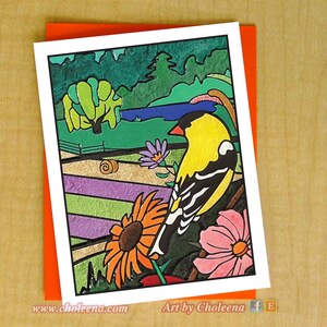 Gold Finch Country, Saule, Étang, Balle de foin, Fleur sauvage Salutation Petite Rect Card- Carte toute occasion- Carte d’art de jardin- Récolte d’été