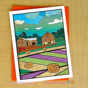 Big Sky Barn, Red Tractor, Hay Bale Greeting Card- Petite carte- Carte vierge pour toute occasion- Carte Hay Field- Carte d’art de jardin- Carte de récolte d’été