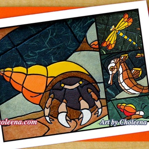 Einsiedler Krabbe Libelle Seepferdchen Schnecke Collage kleine Grußkarte - jede Gelegenheit - Krabbe Shell Karte - Ozean Karte - Meer Leben Karte - Mosaik-Karte