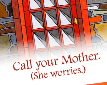 Telephone Booth Call Your Mother, She Worries Card- Greeting Card- Small Card- Blank Card- Telephone Card- British Card- Dr Who Mom Red Card