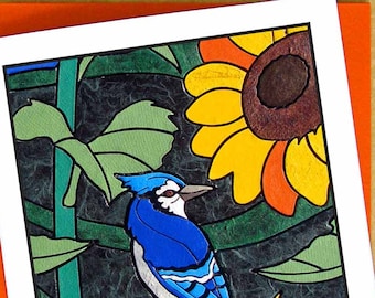 Blue Jay & Sun Flower Mosaic Greeting Card- Small Card- Any Occasion Blank Card- Flower Bird Card- Garden Art Card- Orange Card- Summer Card
