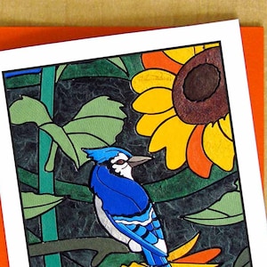 Blue Jay & Sun flor mosaico tarjeta de felicitación- tarjeta pequeña- cualquier ocasión tarjeta en blanco- flor pájaro tarjeta- jardín tarjeta de arte- tarjeta naranja- tarjeta de verano
