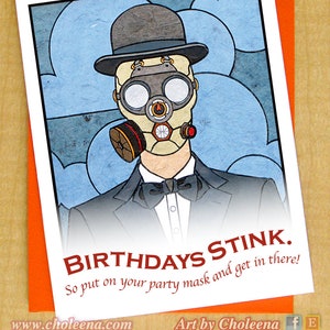 Man in Gas Mask- Greeting Card- Small- Birthdays Stink- Man in Bowler Hat- Fine Art card- Steampunk card- Industrial card- Magritte art card