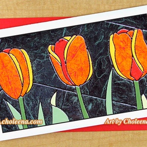 Fire Tulips Trio- Wenskaart- Grote Kaart- Elke Gelegenheid- Blanco Kaart- Tuinkaart- Voorjaarskaart- Tulpenkaart- Oranje Kaart- Tulpenkaart
