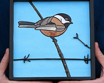 Chickadee- Paper Tile Mosaic- Mini- Original Art- Unique Process- Country Art- Bird Art- Nature Art- Small Art- Mosaic Art- Paper Art