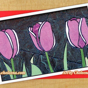 Purple Tulips Trio- Wenskaart- Grote Kaart- Elke Gelegenheid Blanco- Tuinkaart- Voorjaarskaart- Tulpenkaart- Paarse Kaart- Tulpenkaart- Kunstkaart
