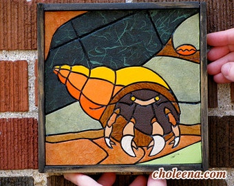 Hermit Crab- Paper Tile Mosaic- Mini- Original Artwork- Unique Process- Crab Art- Mosaic Art- Tile Art- Paper Art- Ocean Art- Water Art