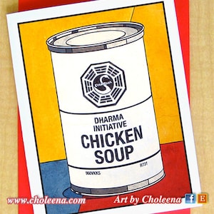 Soupe au poulet - Carte de voeux - Petite - Carte vierge - Carte hommage à la télévision perdue - Initiative du Dharma - Carte de la culture pop - Hommage à Warhol - Couleurs Mondrian