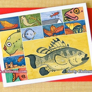 Acero azul pescado collage- tarjeta de felicitación- pequeño- cualquier ocasión- tarjeta en blanco- tarjeta de pescado- tarjeta del océano- tarjeta submarina- Vida del mar- Tarjeta de arte