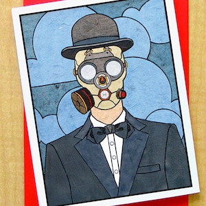 Hombre en máscara de gas- tarjeta de felicitación- Pequeño- Cualquier ocasión- Hombre en Bowler Sombrero- Tarjeta de Bellas Artes- Tarjeta Steampunk- Tarjeta industrial- Tarjeta de arte Magritte