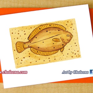 Flounder Fish- Biglietto d'auguri- Piccolo- Qualsiasi occasione- Biglietto bianco- Biglietto di passera di mare- Biglietto di pesce- Cartellino giallo- Biglietto oceano- Biglietto d'arte- Biglietto acquerello