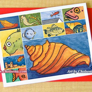 Orange Shell Collage- Wenskaart- Klein- Elke gelegenheid- Blanco kaart- Viskaart- Schelpenkaart- Oranje kaart- Sea Life- Sea Floor Art Card