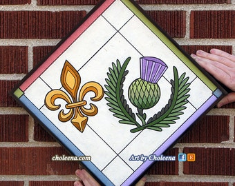 Fleur de lis Thistle- Paper Tile Mosaic- Small- Original art- Unique process- Commissioned art- Marriage art- Crest art- Engagement art