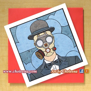 Mann in Gas Maske Karte - Grußkarte - kleine Karte - jede Gelegenheit - leere Karte - Mann in Bowler Hut Karte - Pop Art - Steampunk Karte - der Sohn des Menschen