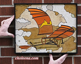 Flying Machine- Paper Tile Mosaic- Small-Original Artwork- Unique Process- Da Vinci Art- Davinci Art- Flying Art- Renaissance Art- Steampunk