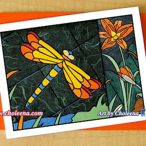 Libelle Tiger Lily kleine Grußkarte - jede Gelegenheit - leere Karte - Mosaik Kunst Karte - Libelle Karte - Insekt und Blumenkarte - Sommerkarte
