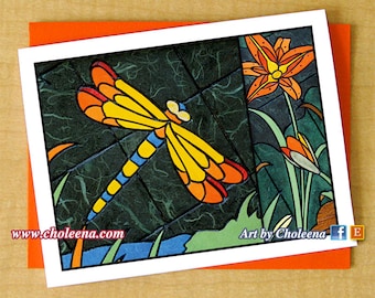 Libelle Tiger Lily kleine Grußkarte - jede Gelegenheit - leere Karte - Mosaik Kunst Karte - Libelle Karte - Insekt und Blumenkarte - Sommerkarte