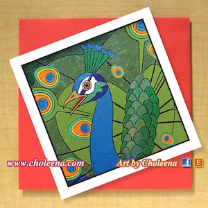 Cartão de pavão - Cartão de felicitações - Cartão pequeno - Qualquer ocasião - Cartão em branco - Cartão de pássaro - Cartão de mosaico de pavão - Cartão de arte pop - Arte em mosaico - Cartão colorido