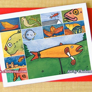 Lawn Fish Collage- Greeting Card- Small- Any occasion- Blank card- Fish card- Yard card- Lawn Ornament card- Sea Life- Watercolor Art Card