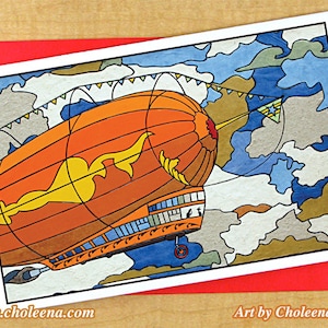 Zeppelin- Cartão de felicitações - Cartão grande - Qualquer ocasião Cartão em branco - Cartão voador - Cartão de mosaico - Cartão de dirigível - Cartão industrial - Cartão Steampunk