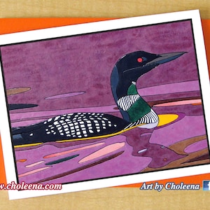 Carte de mosaïque de huard- carte de voeux- petite carte rectangulaire- n’importe quelle occasion- carte blanche- carte d’oiseau- carte pourpre de huard de coucher du soleil- carte pourpre d’eau