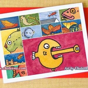 Alien Fish Collage- Tarjeta de felicitación- Pequeña- Cualquier ocasión- Tarjeta en blanco- Tarjeta de pez- Tarjeta oceánica- Tarjeta submarina- Sea Life- Tarjeta de arte- Tarjeta mosaico