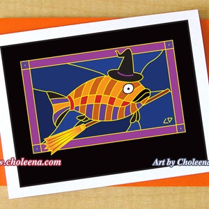 Witch Fish Card- Carte de vœux- Petite carte- Toute occasion- Carte blanche- Carte poisson- Carte Halloween- Carte Sorcière- Carte Drôle- Carte de pêche