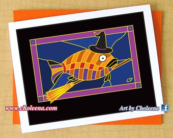 Witch Fish Card- Greeting Card- Small Card- Any Occasion- Blank Card- Fish Card- Halloween Card- Witch Card- Funny Card- Fishing Card